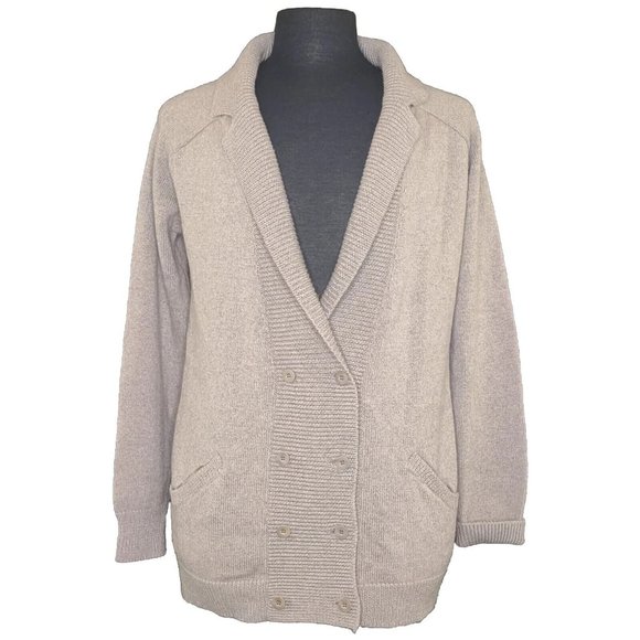 TANDEM Double Breasted Cardigan Sweater Button Front Taupe Italian Wool Size 42 - Picture 9 of 13